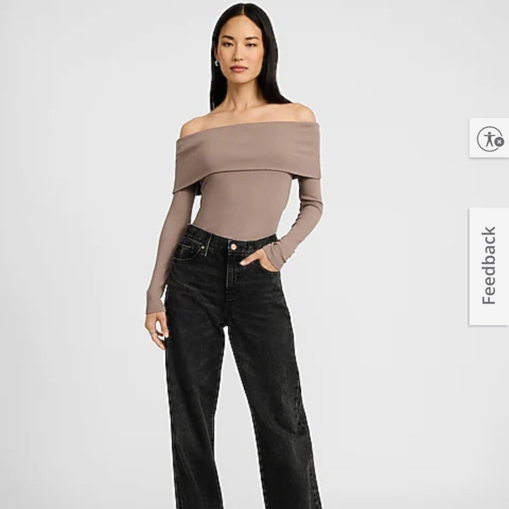 Express Off Shoulder Fitted Overlay  Top Taupe SZ M NWTs